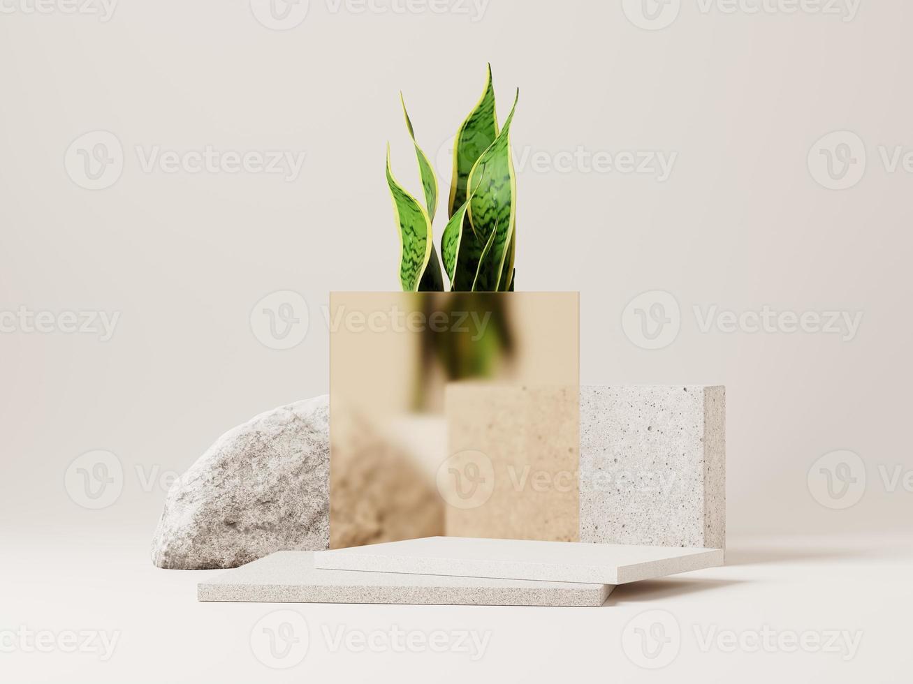 3D-minimale weergavepodia met groene plant en stenen op beige achtergrond. 3D-weergave van abstracte presentatie voor productreclame. 3D minimale illustratie. foto