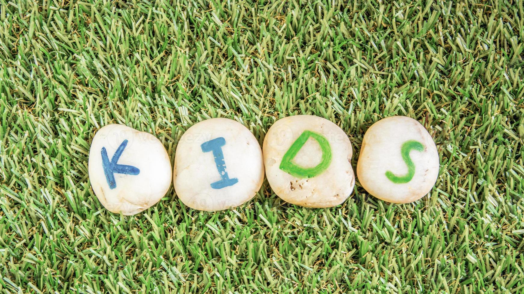 kinderen schilderen op steen, op het gras foto