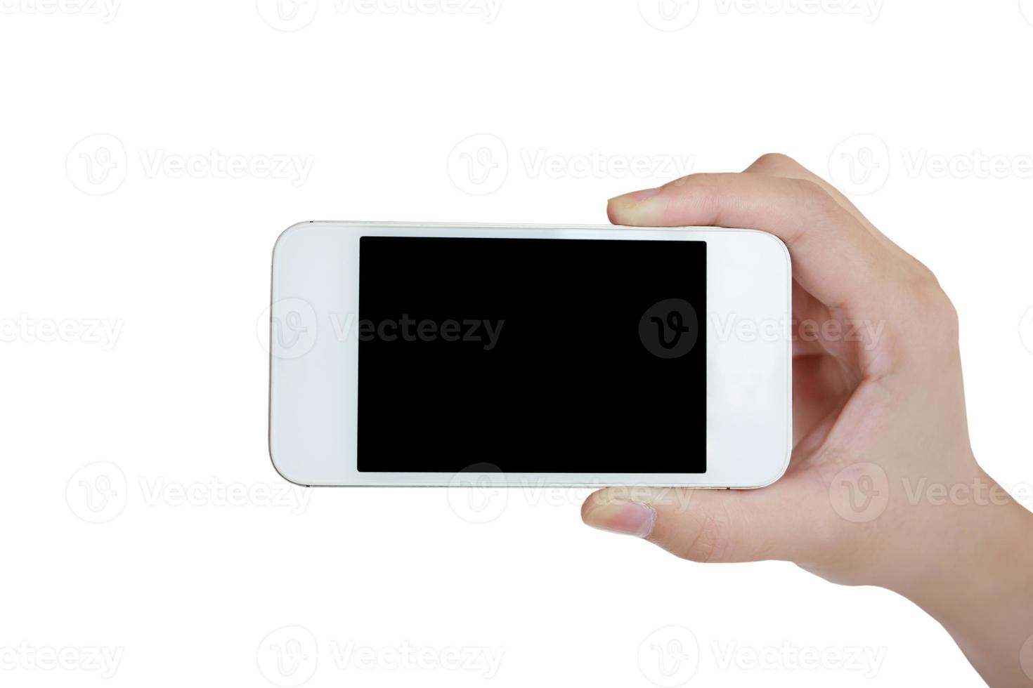 hand met mobiele smartphone met leeg scherm foto