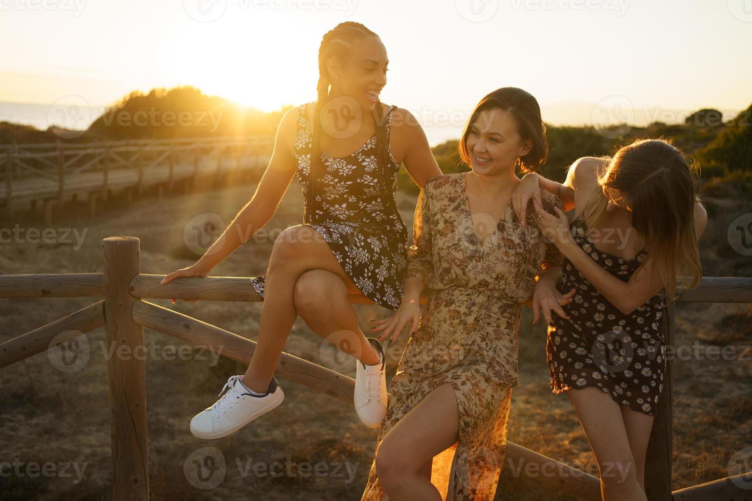 gelukkige diverse vriendinnen in de buurt van houten hek foto