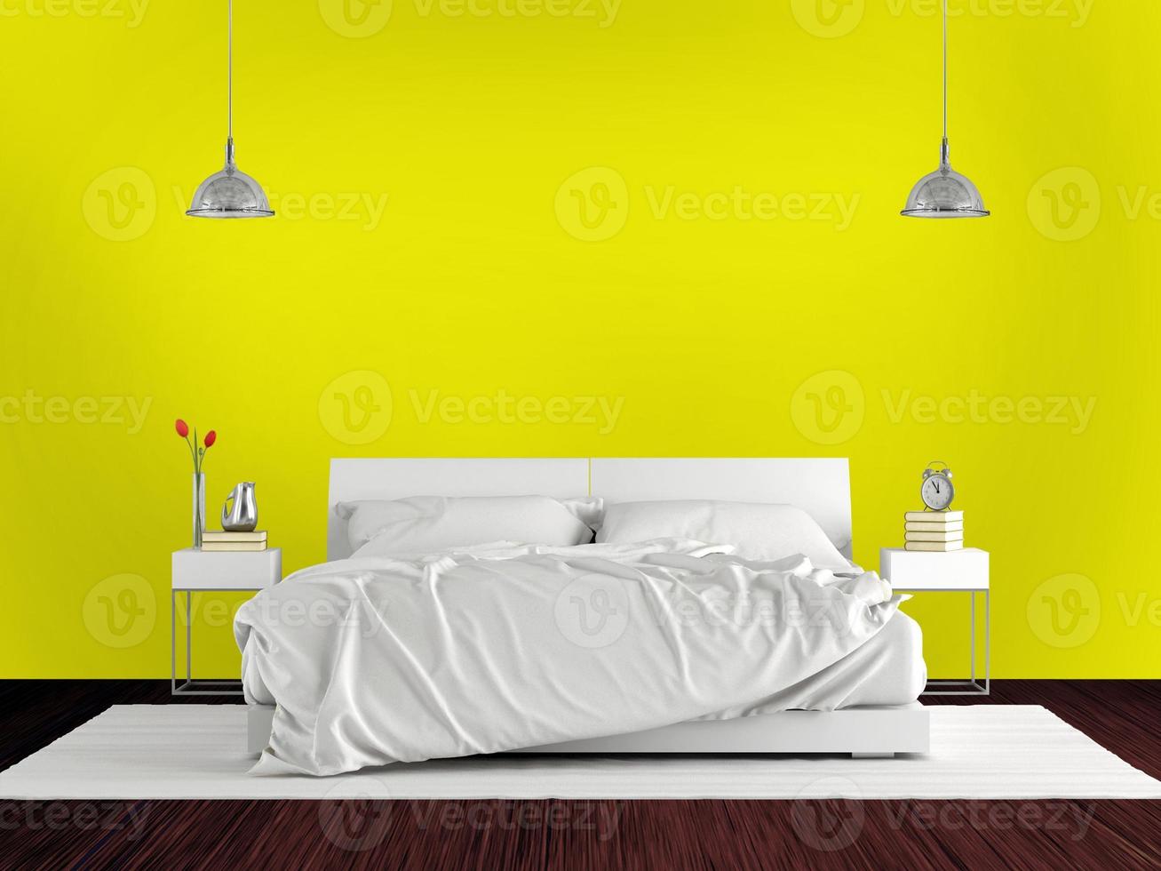 minimalistische hoofdslaapkamer met tweepersoonsbed tegen gele muur - het 3d teruggeven foto