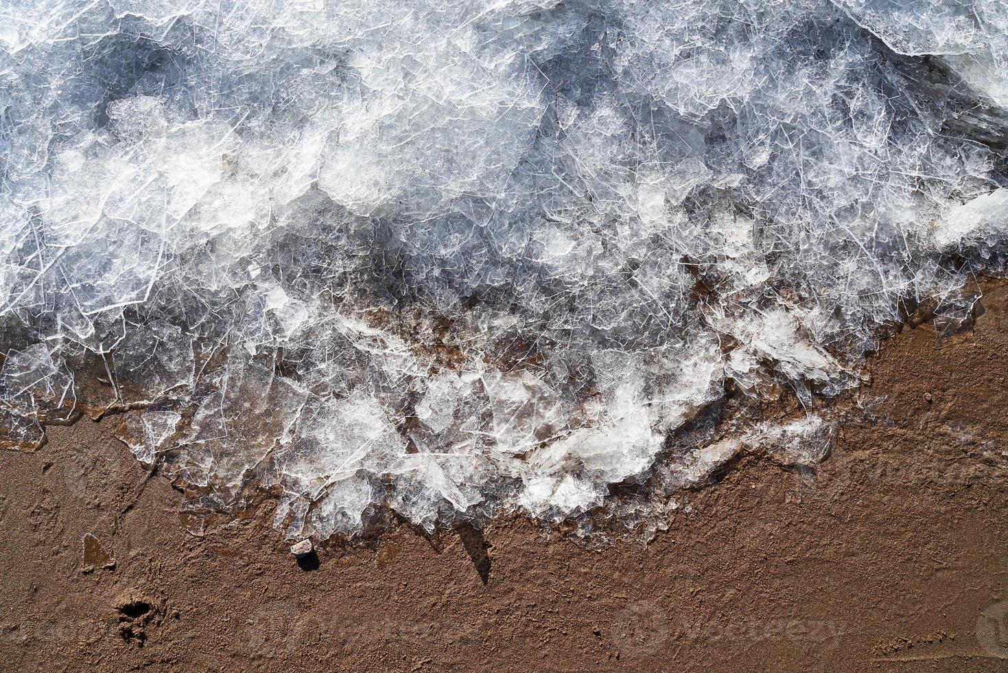 ijs op het strand. grens van winter en zomer. ijs en zand. koud en warm. contrast overgang foto