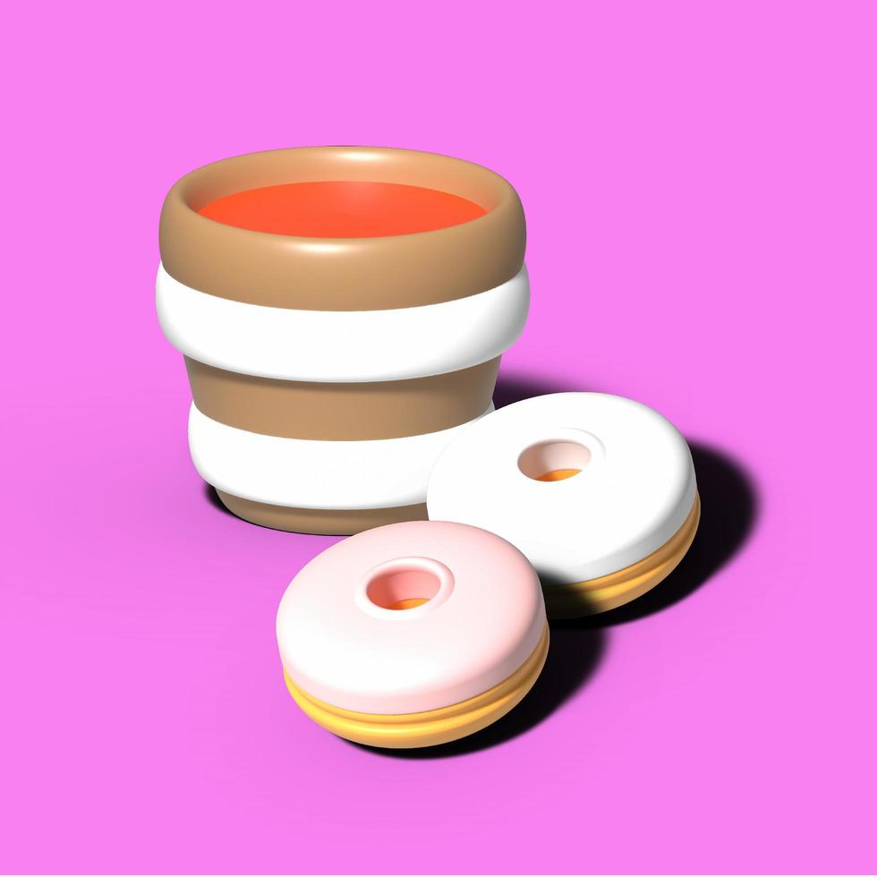 zoete smakelijke donut met een kopje thee op een paarse achtergrond, zoet gebak in 3d, theekransjeillustratie foto