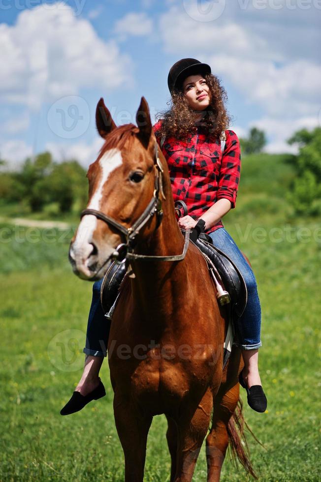 jong mooi meisje rijdt op een paard op een veld op een zonnige dag. foto