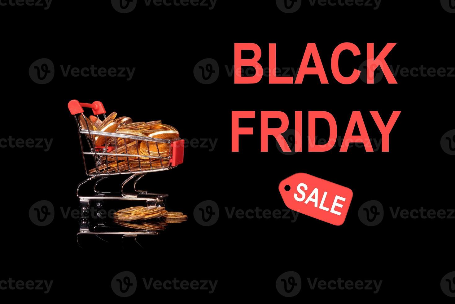 black friday sale mockup of achtergrond met winkelwagentje gevuld met gouden munten foto