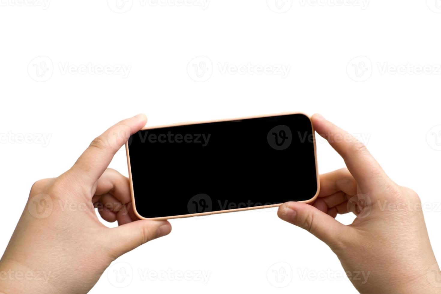 mockup, telefoon in de hand op een witte achtergrond, isoleren foto