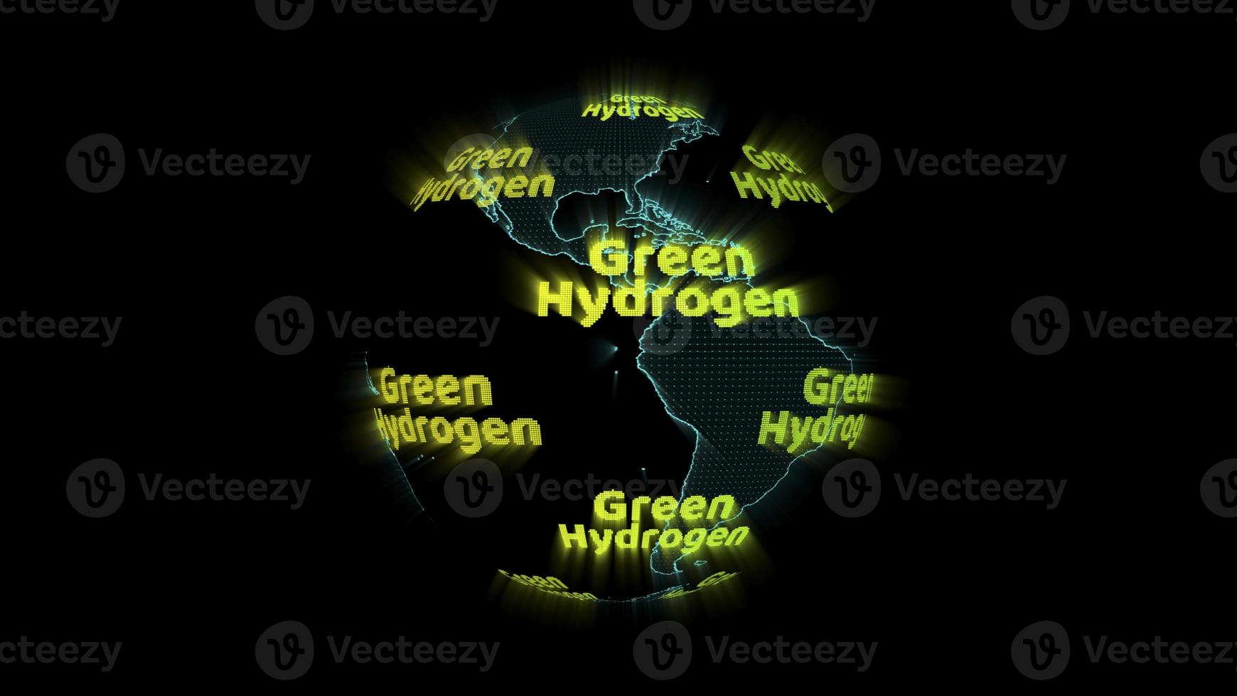 digitale wereldkaart met groene waterstof groene tekst roterend, concept als alternatieve brandstof die schone energie is foto