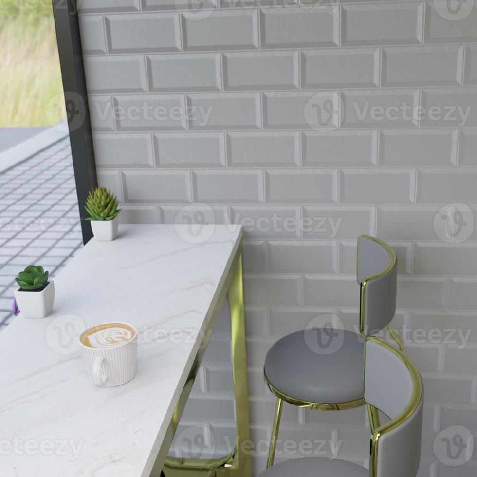 3D-rendering warme koffie wordt op een witmarmeren bartafel in een café geplaatst. foto