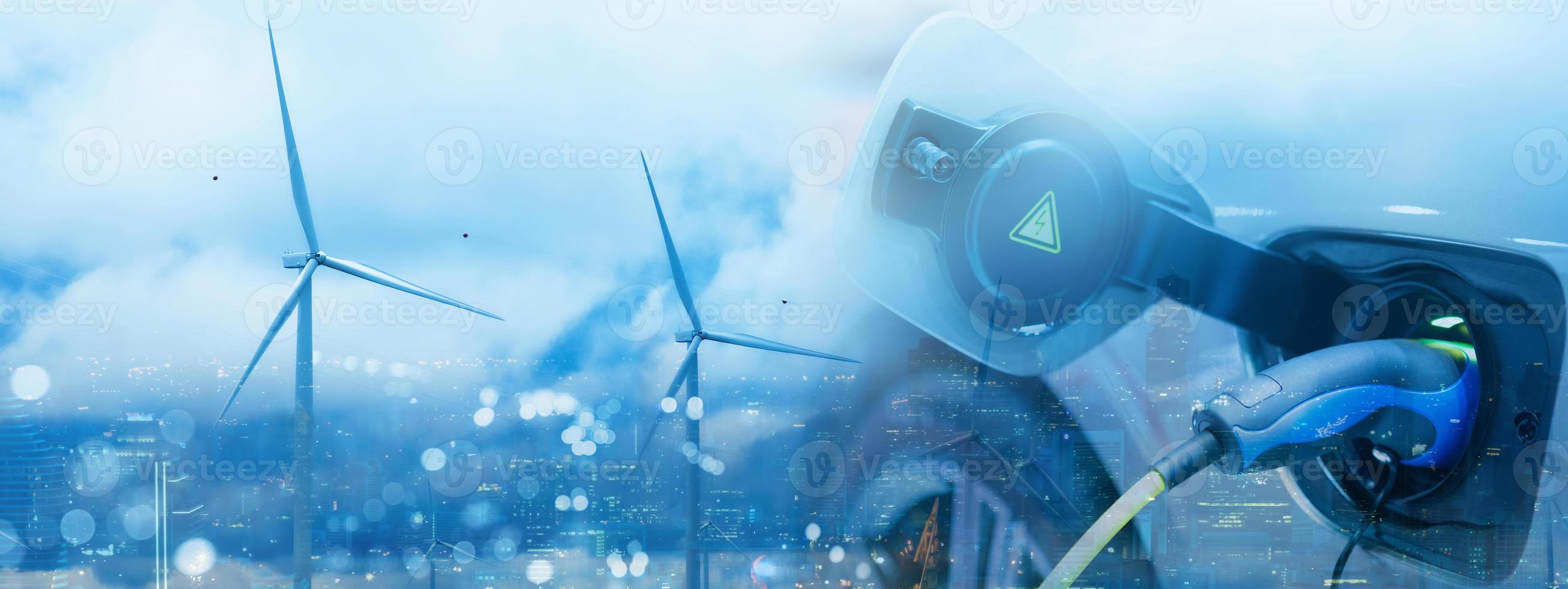 ev voertuig elektrische auto opladen batterij met windturbine en blauwe lucht vervagen bokeh stadsgezicht op de panoramische achtergrond. idee natuur elektrische energie genereert elektriciteit. groen eco-concept. foto