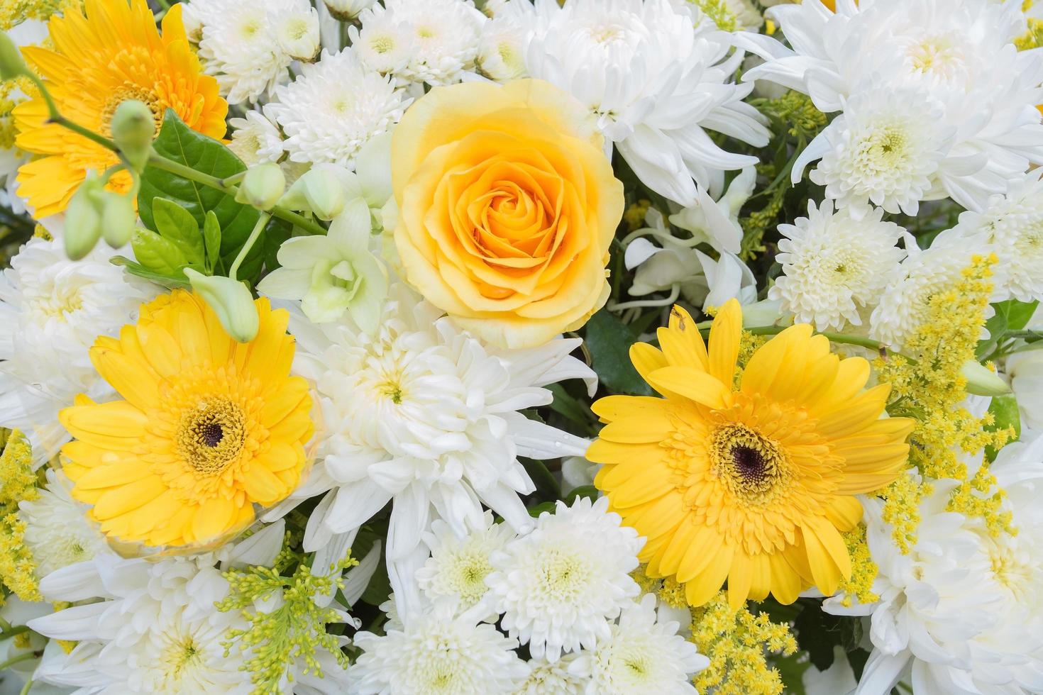 gele en witte chrysantenbloemen, roos was versierd met groene bladeren als krans om te gebruiken bij begrafenissen. foto