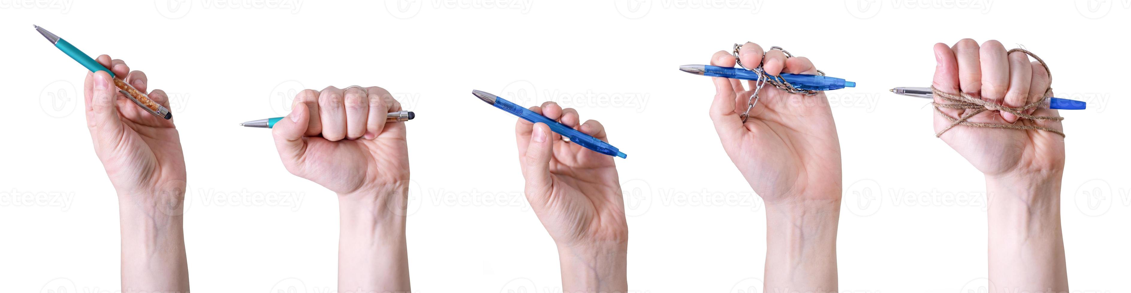een collage van handen met pennen tegen een witte achtergrond. foto