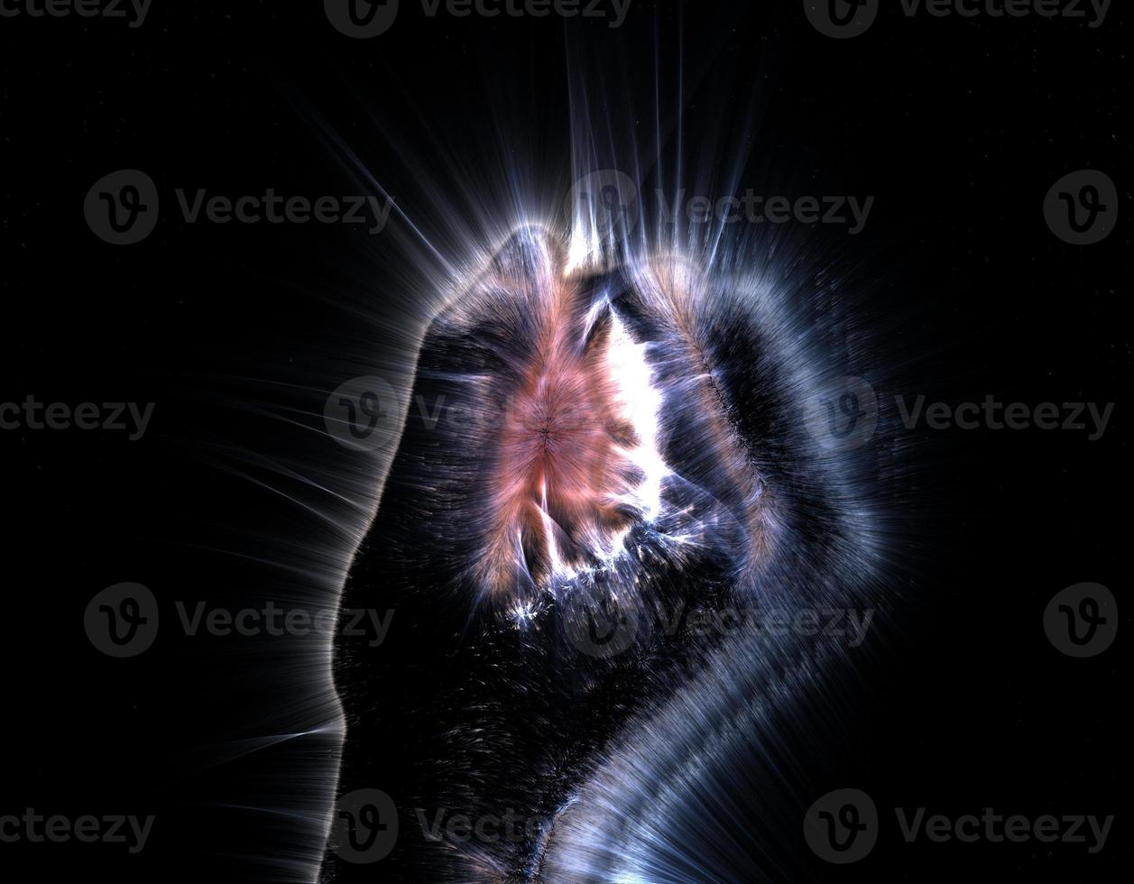 3D-illustratie van een gloeiende menselijke vrouwelijke hand met een Kirlian-aura met verschillende symbolen foto