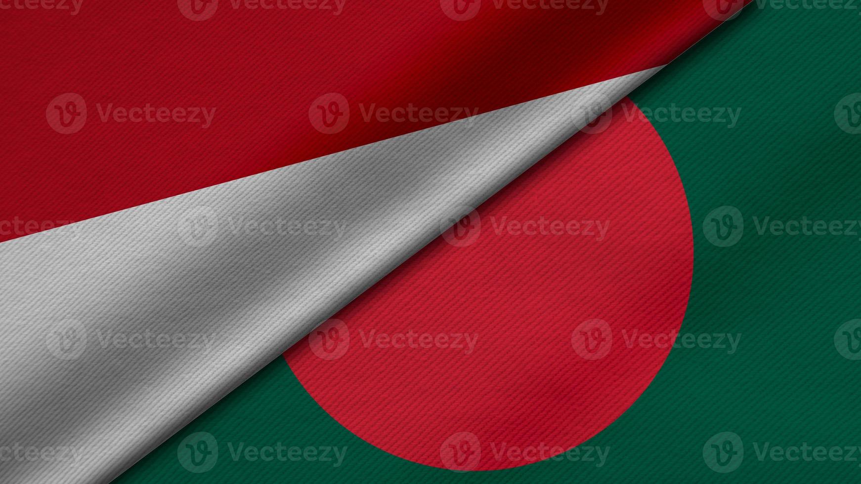 3D-weergave van twee vlaggen van de Republiek Indonesië en de Volksrepubliek Bangladesh samen met stoftextuur, bilaterale betrekkingen, vrede en conflict tussen landen, geweldig voor achtergrond foto