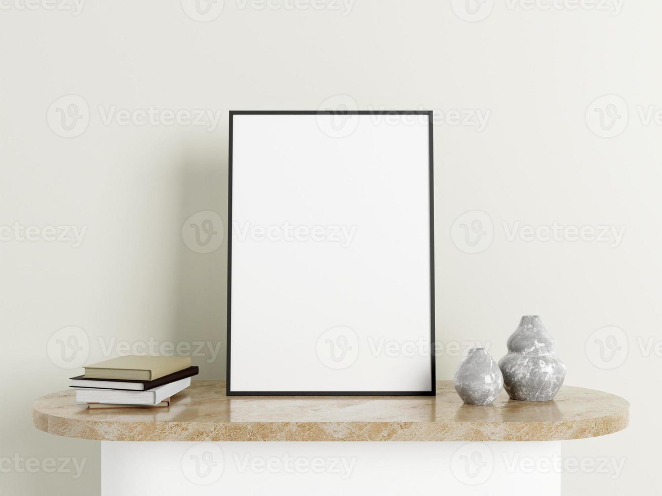 minimalistische verticale zwarte poster of fotolijstmodel op de marmeren tafel met decoratie foto