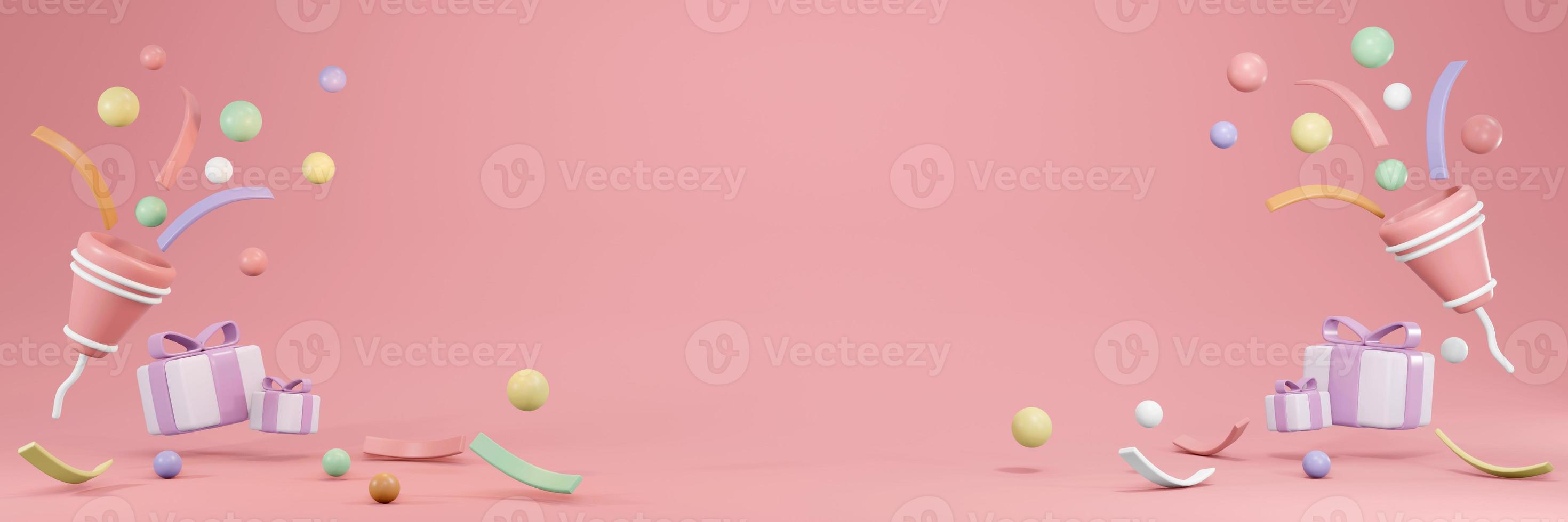 3D-weergave van party popper en confetti met kopie ruimte in pastel thema banner achtergrond. 3D render illustratie. foto