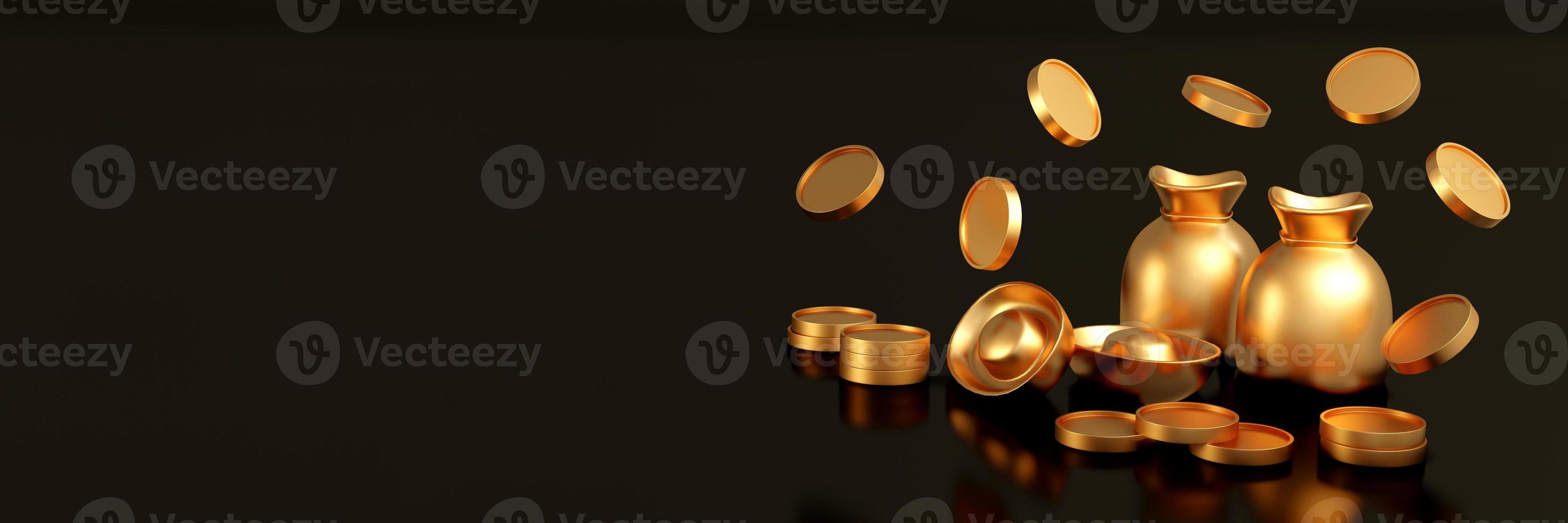 3D-weergave van panoramascène van Chinese goudstaven ingots geldzak en gouden munten en kopieer ruimte op zwarte achtergrondbanner. 3D render illustratie. foto