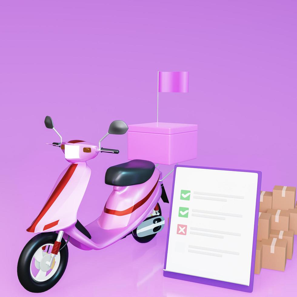concept van pakketbezorging, postkantoor, pakketdoos met motorfiets. witte vragenlijst met checklist of to-do lijst. wit klembord met een checklist op roze pastel. 3D-rendering foto