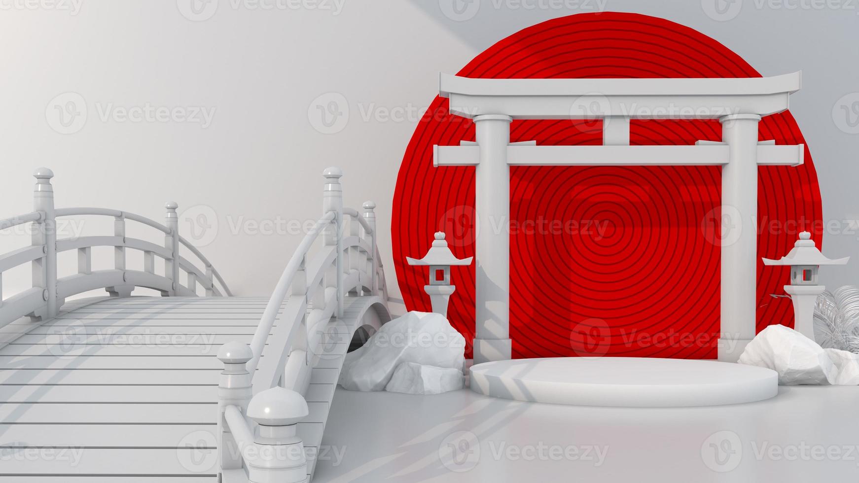 3D render japans gateway torii wit podium op rode cirkel achtergrond voor premium product foto