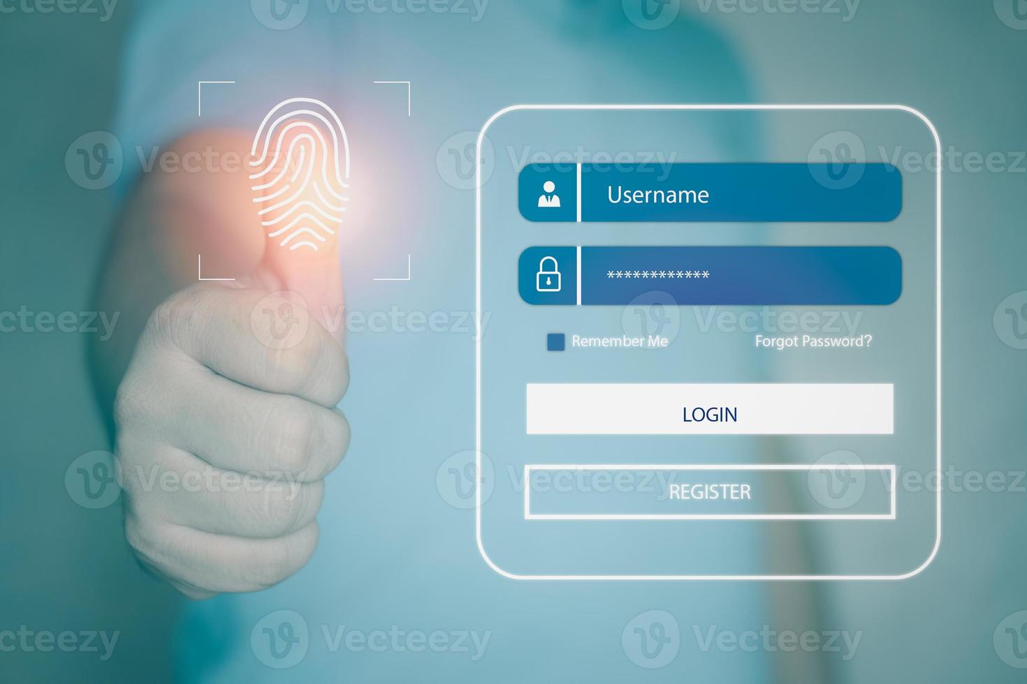 zakenlieden gebruiken hun duimen om het vingerafdrukscansysteem aan te raken. vingerafdruk scanner technologie concept om identiteit te verifiëren. foto