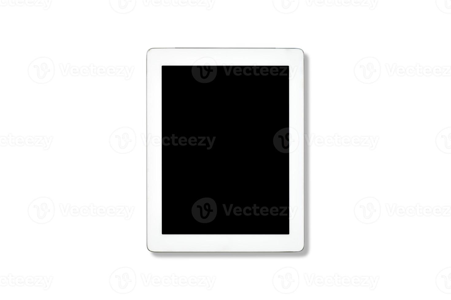 uitknippad. bovenaanzicht plat leggen van tablet modern wit met touchscreen zwart leeg geïsoleerd op witte weergave. technologie weergave op close-up. plat ontwerp. zakelijk kantoor uitzicht. tabletmodelweergave. foto