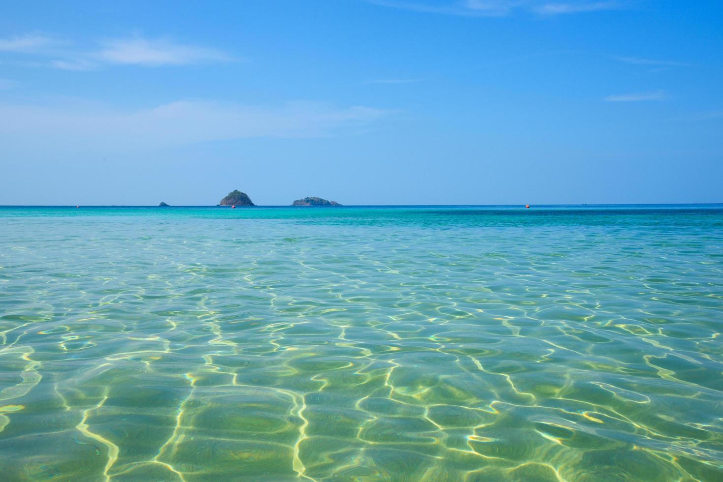 prachtige heldere turquoise zee en golven met blauwe hemelachtergrond foto