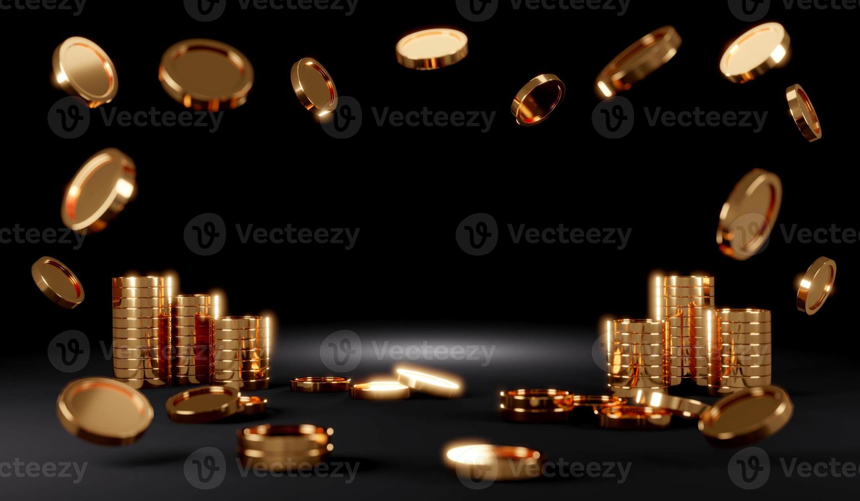 3D-rendering concept van scène van gouden munten met ruimte voor tekst op zwarte achtergrond. 3D render. 3D illustratie. foto