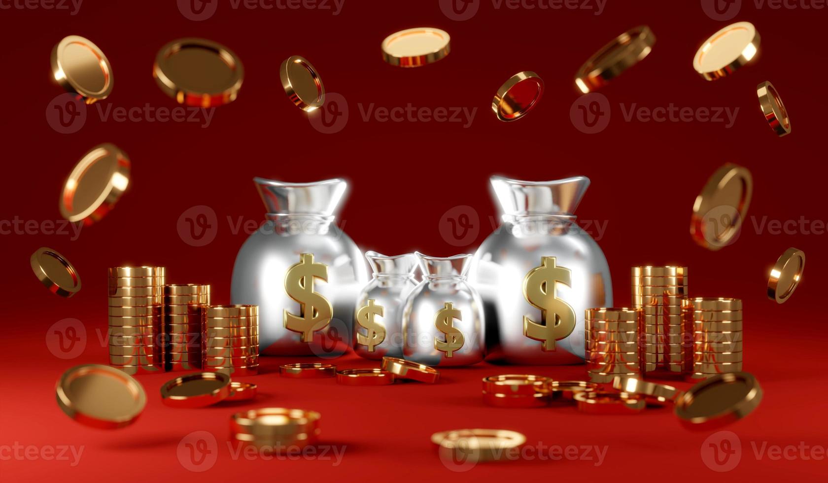 3D-rendering concept van geld schatkist, casino winnende bonus munten achtergrond. regen munten met geldzakken met wazig munten voorgrond op rode achtergrond. 3D render. 3D illustratie. foto
