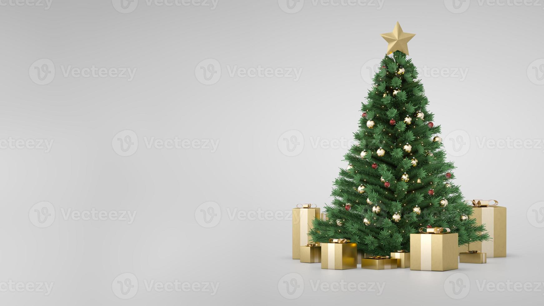 geweldige luxe kerstboom met gouden geschenkdozen en zijkopieerruimte. 3D render. kerstboom flitser. vrolijk kerstfeest en een gelukkig nieuwjaar. Kerstcadeaus onder de boom. decoratieve grenen spar. foto