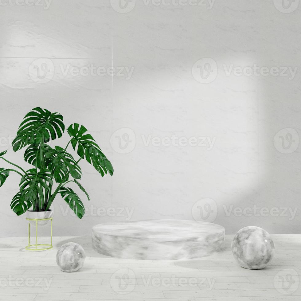 3D-rendering minimaal podiumpodiumontwerp voor mockup-presentatie met marmeren textuur en planten foto