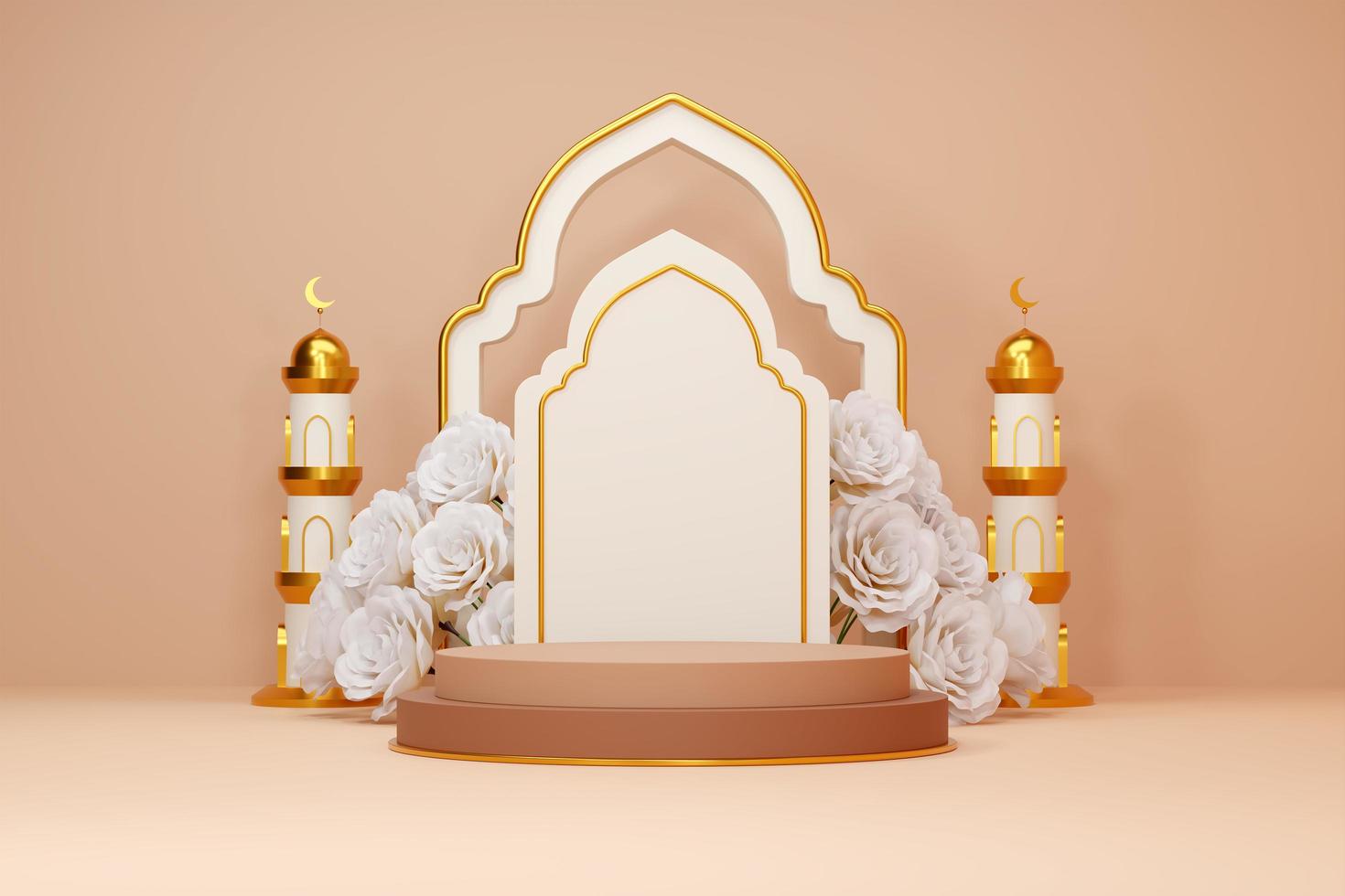 3D-rendering afbeelding van ramadan en eid fitr adha mubarak thema begroeting achtergrond met islamitische decoratie objecten foto