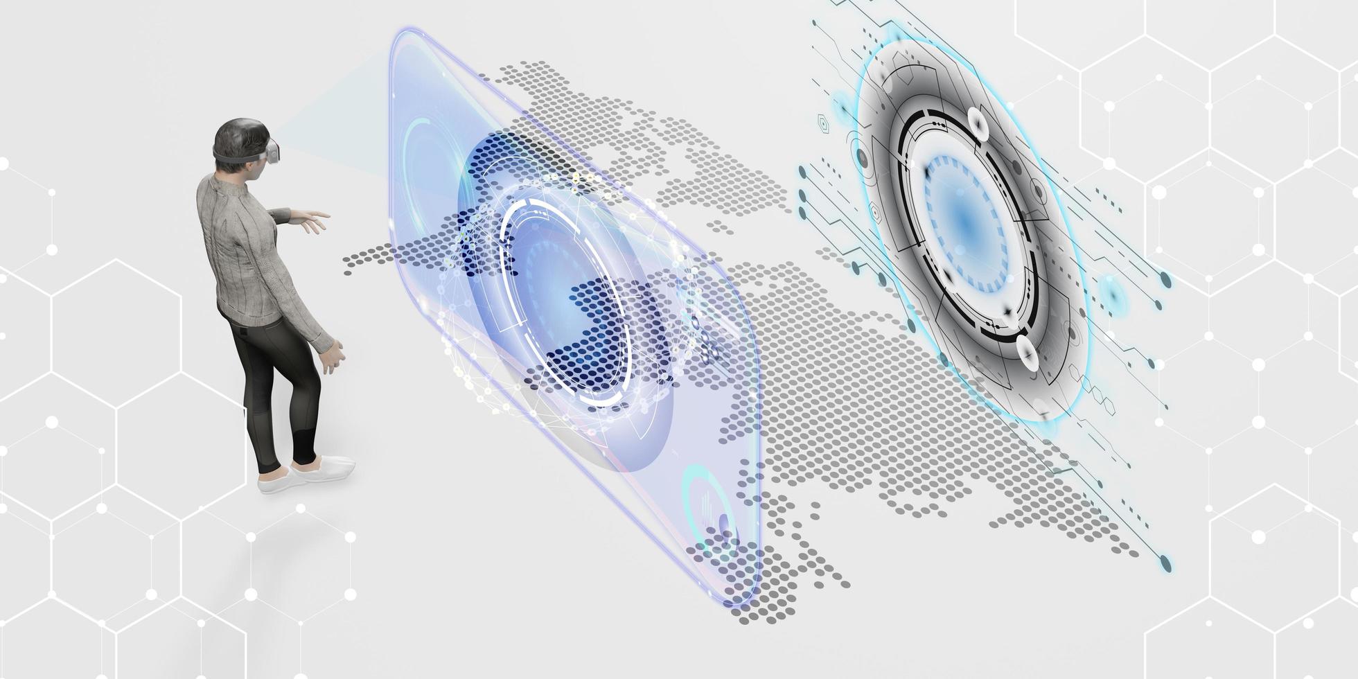 man met vr-bril en kijken naar wereldkaart metaverse technologie navigatie concept virtual reality technologie 3d illustratie foto