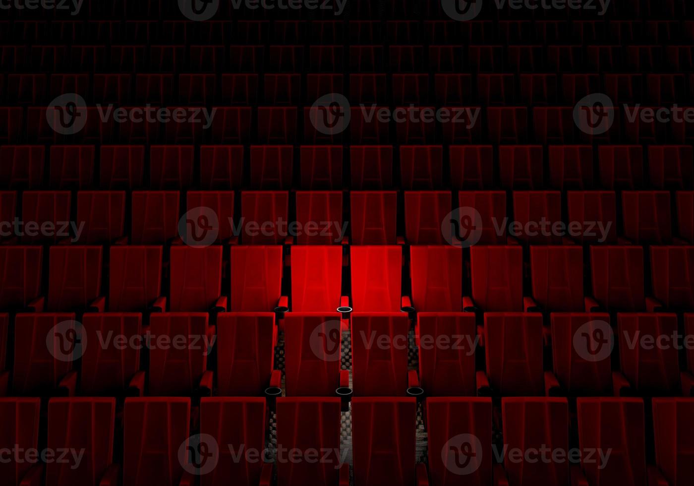rijen rood fluwelen stoelen films kijken in de bioscoop met spotlight alleen paar deluxe stoel achtergrond. entertainment- en theaterconcept. 3D illustratie weergave foto