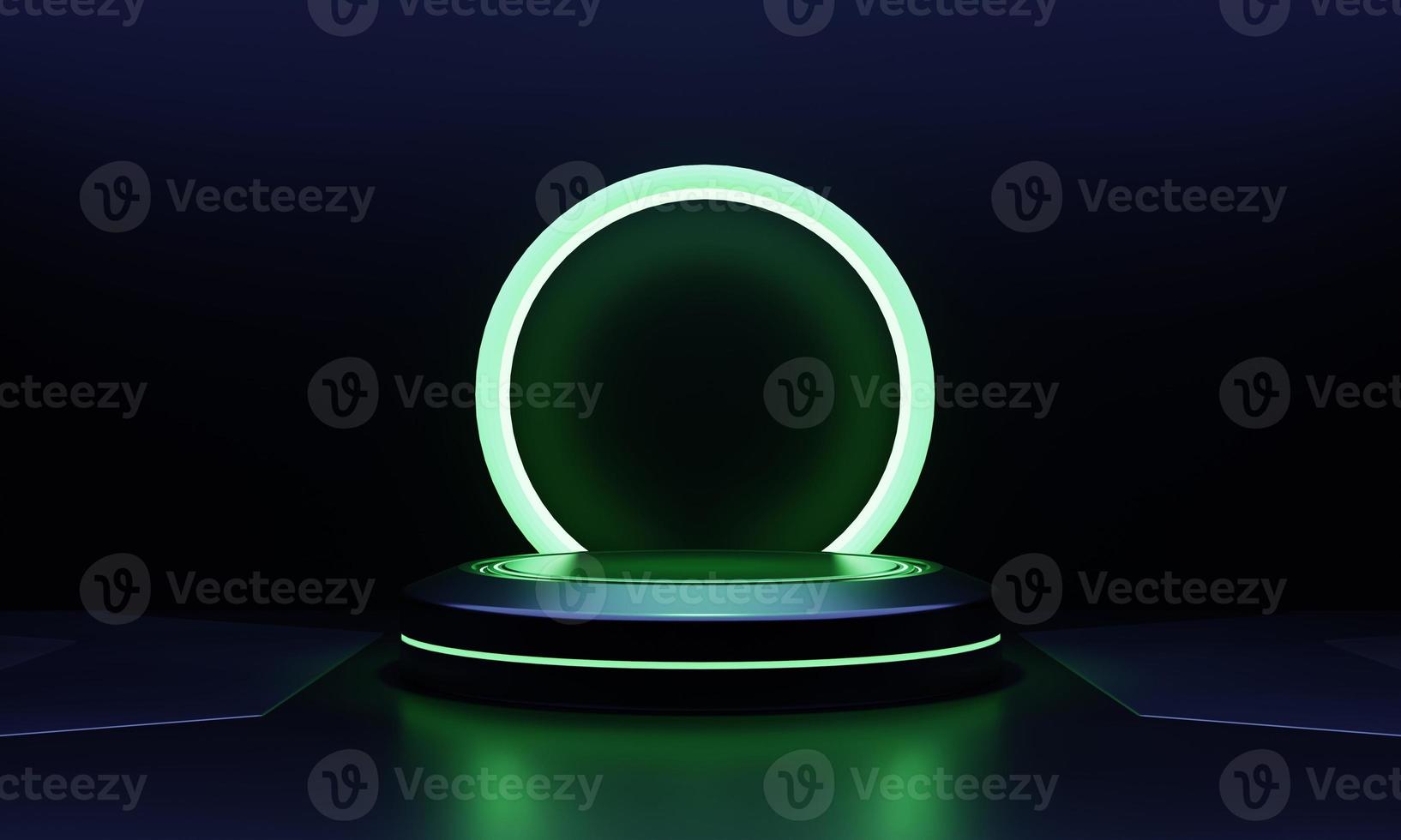 modern rond product showcase sci-fi podium met groen gloeiend licht neon frame achtergrond. technologie en object voor reclamesjabloonconcept. 3D illustratie weergave foto