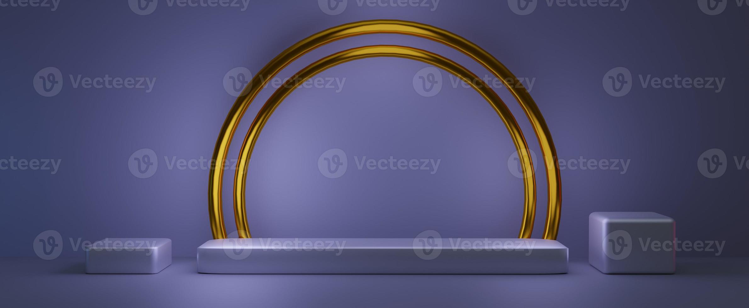 rechthoekig podium met gouden cirkels. leeg voetstuk voor 3d renderpresentatie in zachtblauwe kleur en gele halfronde frames. elegante realistische scène met creatieve geometrische decoraties foto