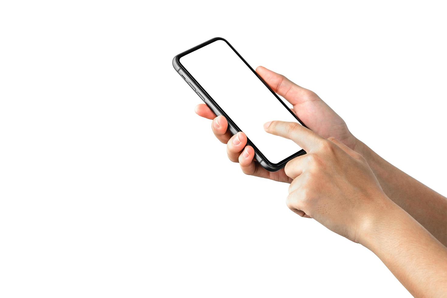 hand met mobiele telefoon isoleren op witte achtergrond foto