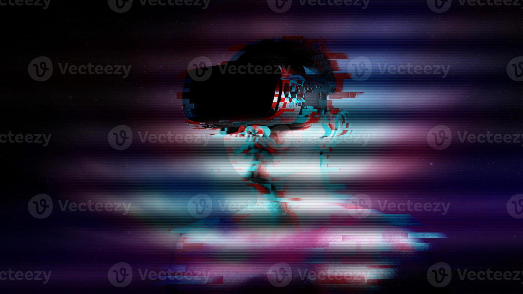 jonge man met vr-bril en glitch-effect. metaverse technologie virtual reality concept. virtual reality-apparaat, simulatie, 3d, ar, vr, innovatie en technologie van de toekomst op sociale media. foto