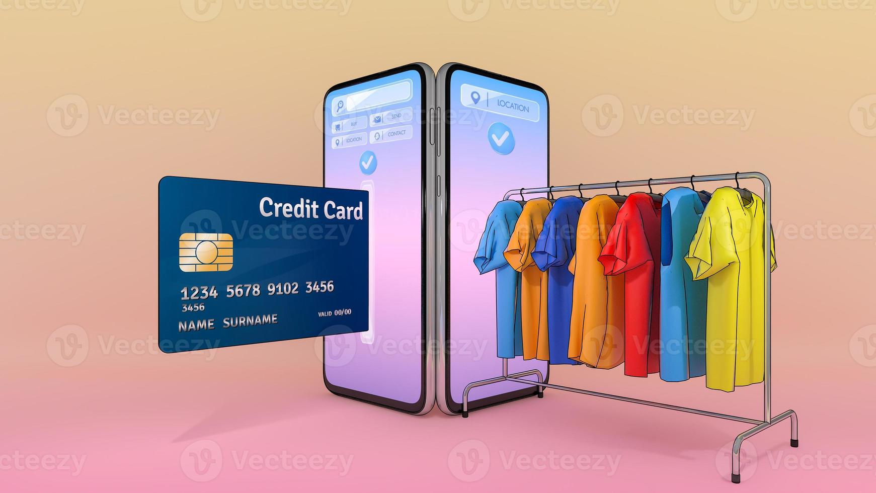 creditcard en kleding op een hanger verschenen van het scherm van smartphones., online winkelen of shopaholic concept., 3d illustratie met objectuitknippad. foto