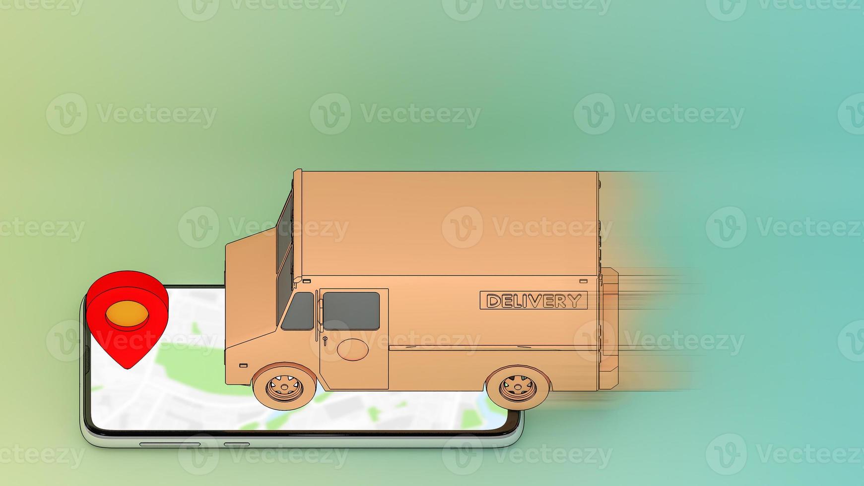 bewegende vrachtwagenbestelwagen op mobiele telefoon met rode pinpoint., online mobiele applicatie om transportservice te bestellen en online te winkelen en leveringsconcept., 3D-rendering. foto