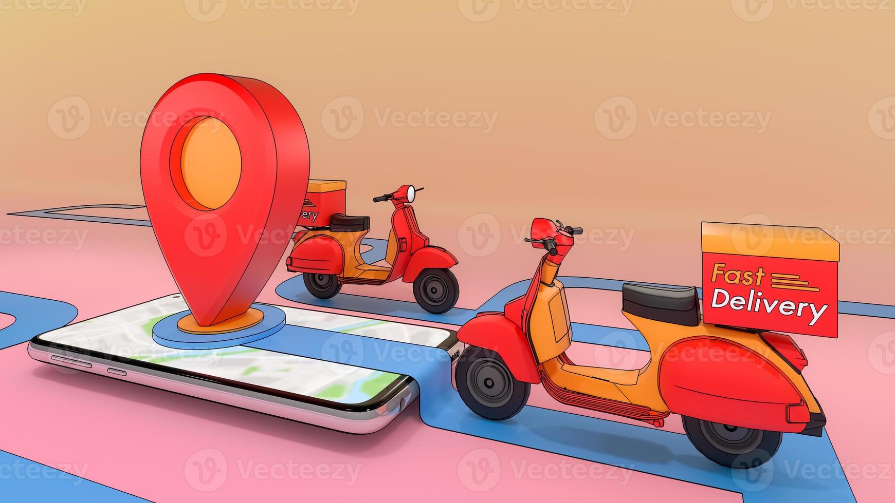 scooter van uitgeworpen uit een mobiele telefoon., online mobiele applicatie bestelling transportservice., concept van snelle bezorgservice en online winkelen., 3d illustratie met object uitknippad. foto