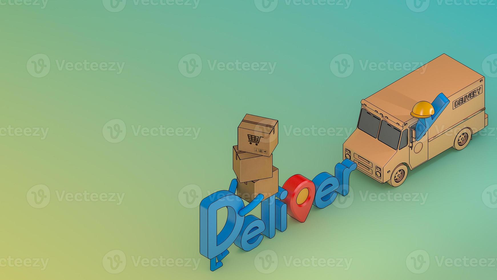 karakter cartoon levering lettertype met vrachtwagen van en veel pakket box., online mobiele applicatie order transport service, 3D-rendering. foto