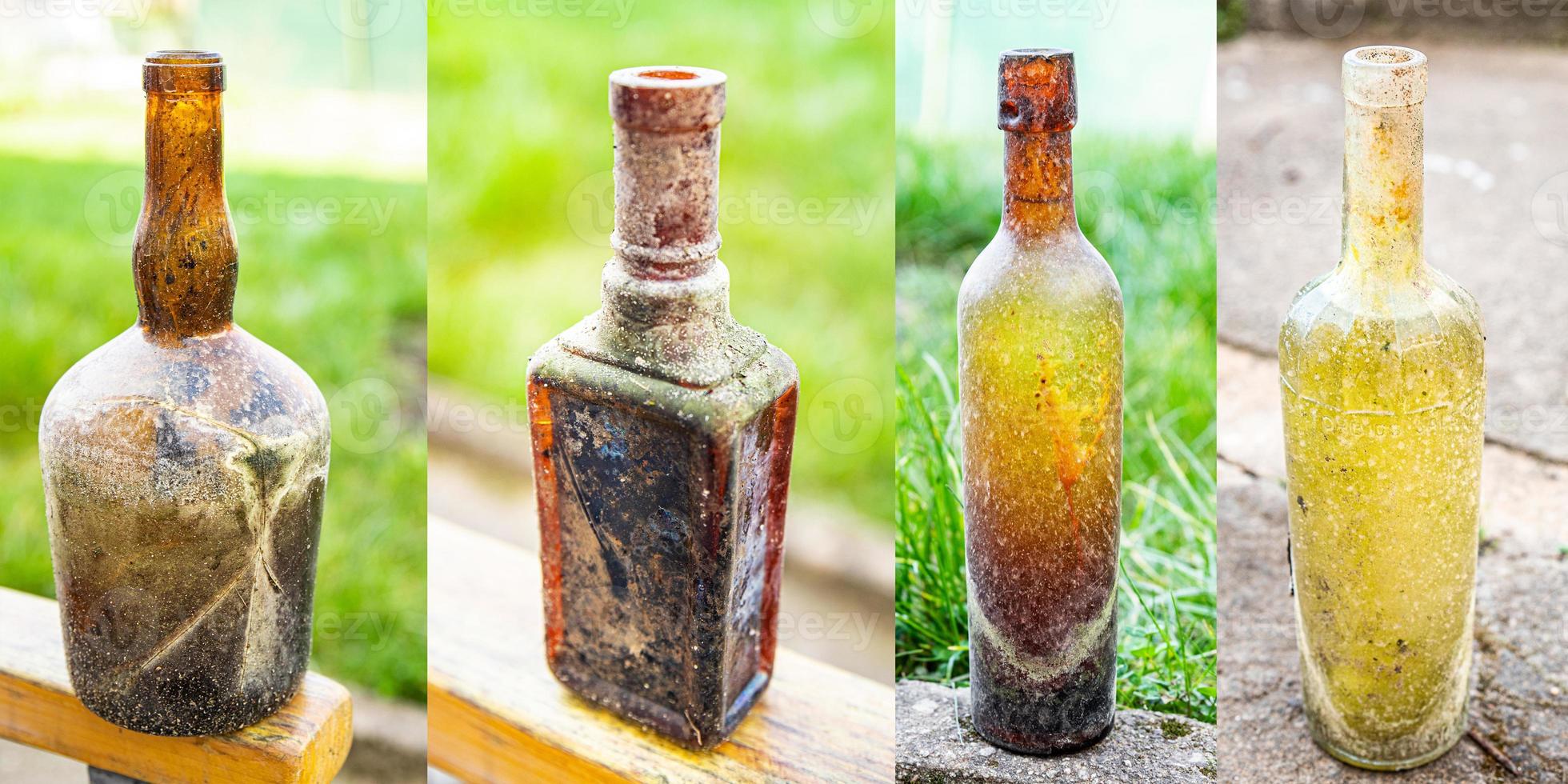 glazen fles vintage glaswerk, flessen wijn leeg vies keukengerei kopieer ruimte foto