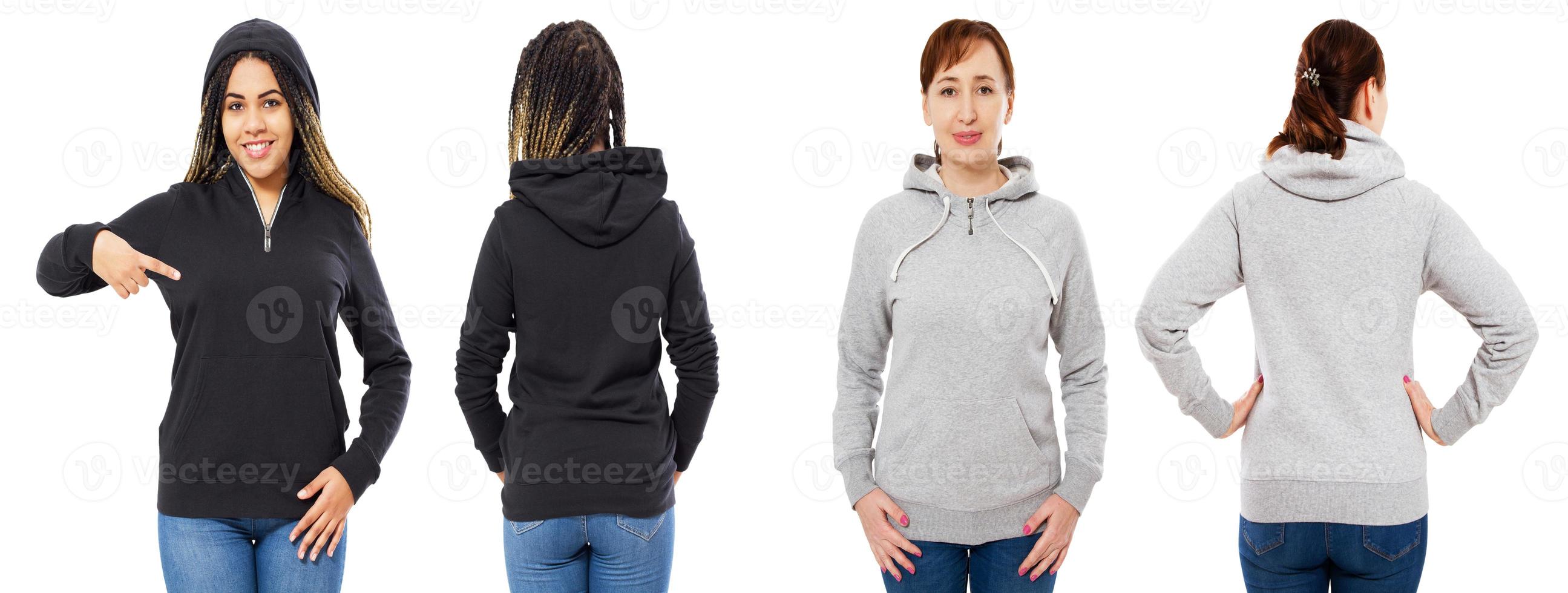 twee vrouw in grijze zwarte hoodie mock-up geïsoleerde collage set over white foto