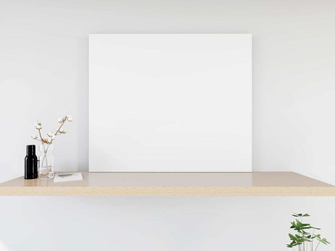 mock up van posterframe in houten vloer modern interieur in woonkamer met enkele bomen geïsoleerd op een lichte achtergrond, 3d render, 3d illustratie foto