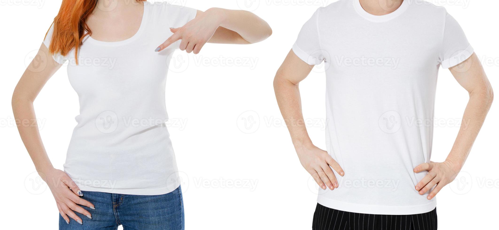 witte t-shirt set close-up mockup - meisje man t-shirt achtergrond, leeg wit overhemd foto