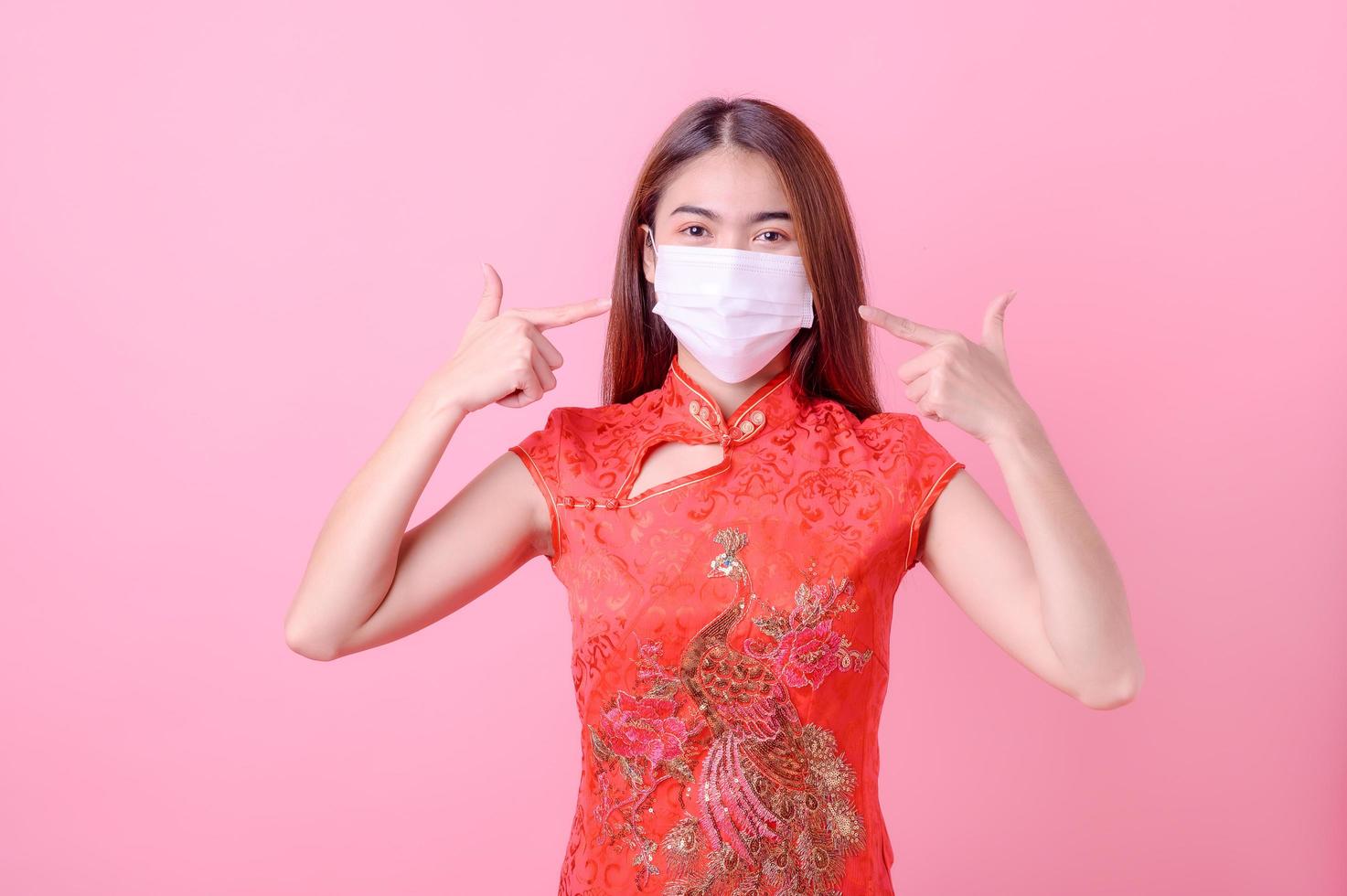 mooie jonge Chinese vrouwen gebruiken gezichtsmaskers om te beschermen tegen stofvervuiling en infectie door virussen in de lucht foto