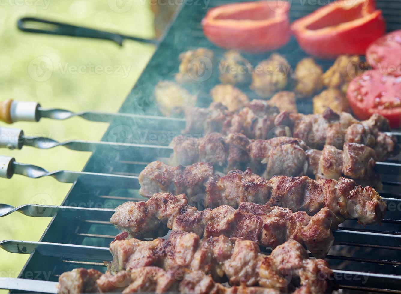 barbecue sjasliek kebab met winglets en tomaten met geroosterde paprika foto