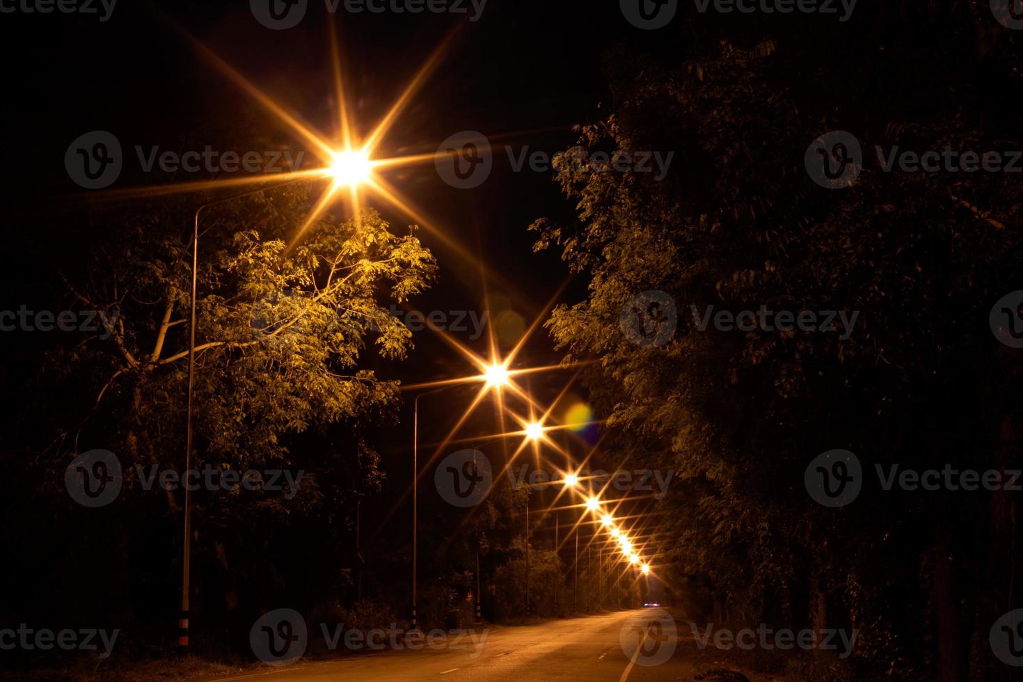 verlicht veel lampen met bomen op schemerstraat. foto