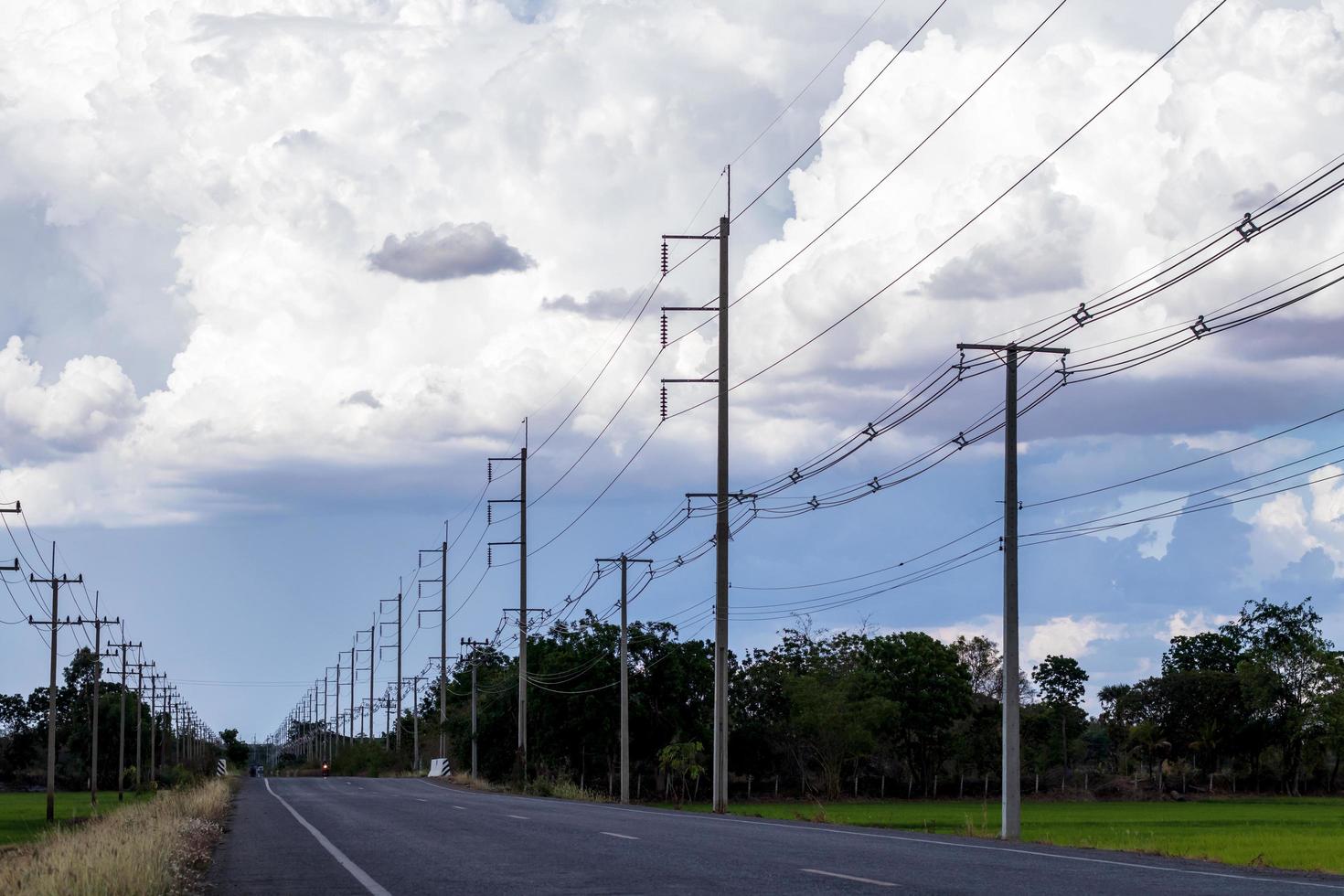 uitzicht op groene rijstvelden met elektriciteitspalen op de weg en bewolkte wolken. foto