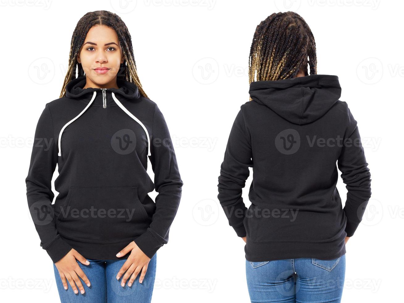 voor achter en achter zwart sweatshirt uitzicht. zwarte vrouw show op sjabloon kleding voor print en kopieer ruimte geïsoleerd op een witte achtergrond. spotten. bijgesneden afbeelding foto