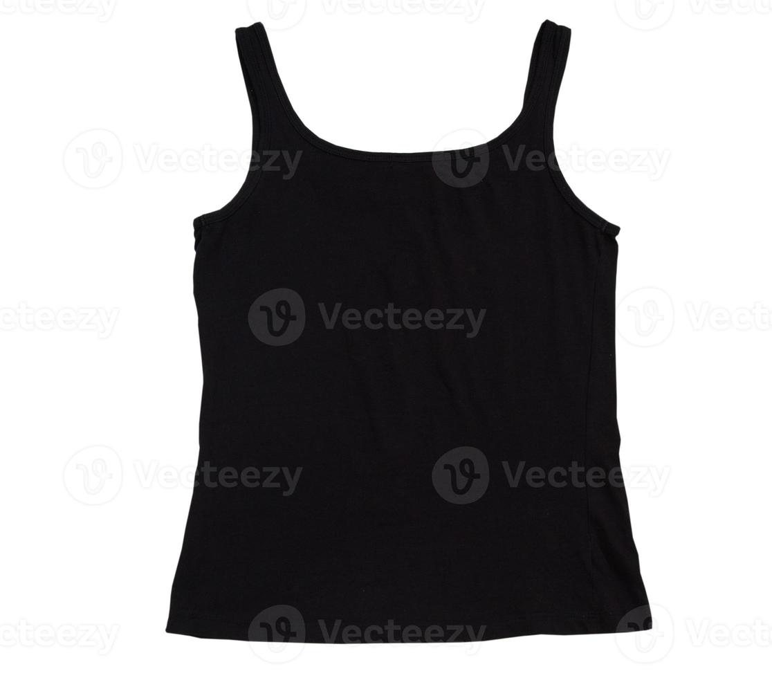 zwarte vrouwelijke tank top geïsoleerd over wit, zwarte tank top tshirt sjabloon klaar voor uw eigen afbeeldingen op witte achtergrond. shirt zonder mouwen over wit foto